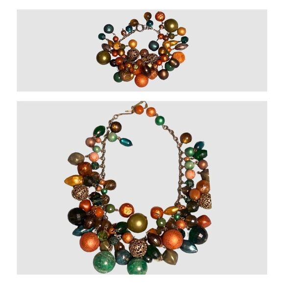 Full Bloom Colorful Chunky Dangling Necklace & BraceletVintage Jewelry Set